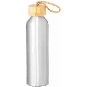 A drink bottle with a shiny silver body and a wooden cap, featuring a rope handle.