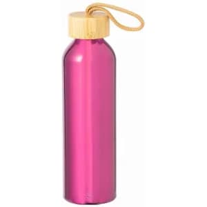 A drink bottle in shiny magenta with a bamboo lid and a hanging strap. It features a logo on the surface.