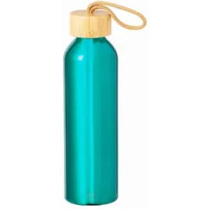 A drink bottle in a vibrant teal colour with a bamboo top and a woven strap. Features a logo.
