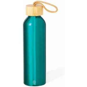 A drink bottle in a teal colour with a wooden bamboo lid and a rope handle. It features a logo on the side.
