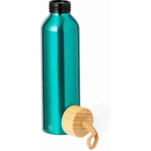 A drink bottle in a shiny teal hue with a bamboo cap and a loop for easy carrying.
