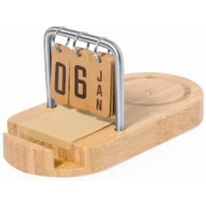 A wooden perpetual calendar with two metal rings holding date cards. It features a smooth base and a natural finish.