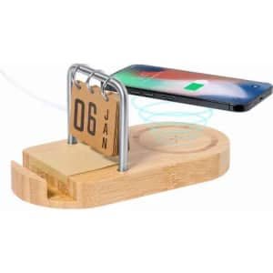 A bamboo phone charging dock with a calendar stand, featuring a metal ring and a wireless charging pad.