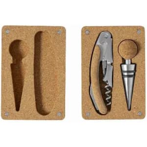 A cork tray holding a wine corkscrew, pourer, and stopper, featuring a natural cork finish.