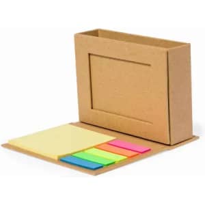 A set of sticky notes in various bright colours inside a plain brown cardboard holder. The design is simple and functional.