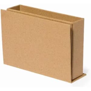 A kraft cardboard box with an open top, featuring a simple, rectangular design and a natural finish.