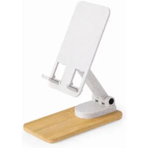 A phone stand with a white support and a wooden base, featuring a sleek design for easy device placement.
