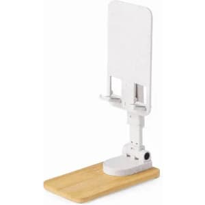 A phone stand with a wooden base and a white adjustable holder, designed for supporting mobile devices.