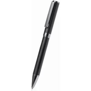 A black pen with a sleek design and silver accents, featuring a clip on one side.