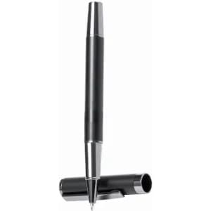 A pen with a sleek black barrel and silver accents, positioned with its cap removed. It features a clip for easy attachment.