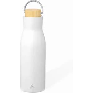 A drink bottle in white with a wooden cork and a metal handle, featuring a sleek design and a logo.