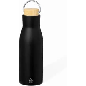 A drink bottle with a sleek black matte finish and a wooden cork stopper. It features a logo on the body.