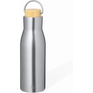 A drink bottle in stainless steel with a wooden cork stopper and a metal handle.