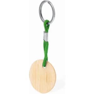 A keyring with a round wooden tag attached by a green cord. The keyring is silver.