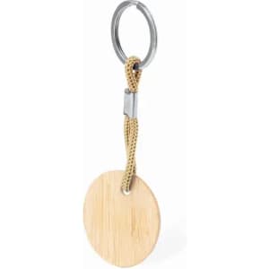 A keyring with a circular wooden tag attached by a beige cord, featuring a metal loop for keys.