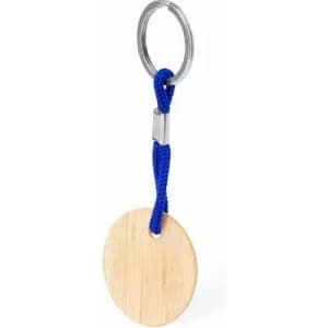 A keyring featuring a round wooden pendant attached to a blue braided cord. It has a metal ring for attachment.