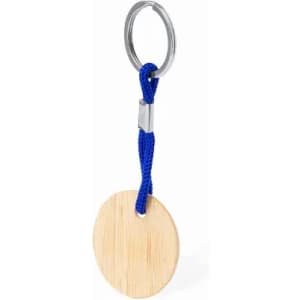 A wooden keyring with a blue cord and metal ring. The wooden disc is circular in shape.