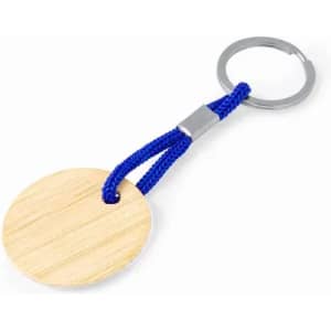 A wooden keyring with a blue braided strap and a metal keyring attachment.