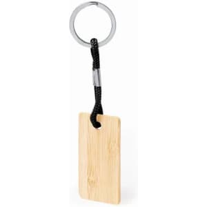 A keyring with a bamboo tag attached by a black cord, featuring a metal ring.
