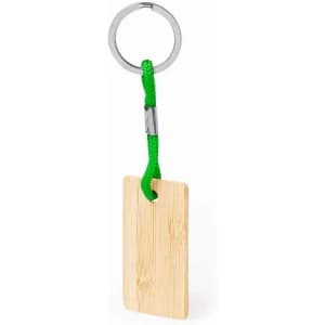 A bamboo keyring with a green cord and a metal ring attachment.