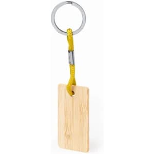 A wooden key tag attached to a silver keyring with a yellow cord.