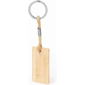 A bamboo keyring with a circular metal ring attached by a rope. The keyring is rectangular and lightweight.