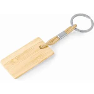 A wooden keyring with a rectangular wooden tag attached by a braided cord and metal ring.