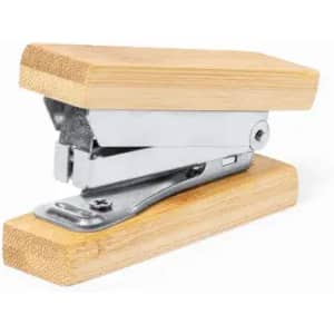 A stapler with a bamboo base and a metallic mechanism, featuring a sleek design.