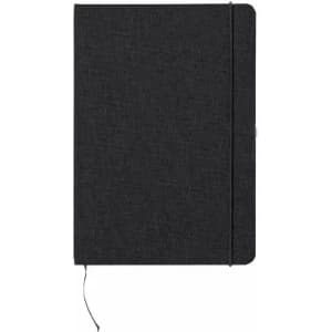 A notebook in black with a textured cover and an elastic band closure, featuring a ribbon bookmark.