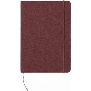 A maroon notebook with a textured cover, featuring an elastic band closure and a ribbon bookmark.