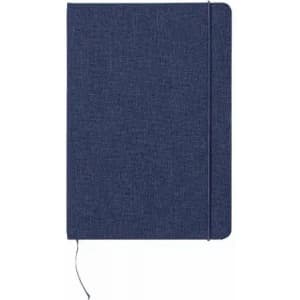 A notebook with a textured navy blue cover, featuring an elastic band closure and a bookmark.