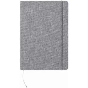 A grey notebook with a textured cover, featuring an elastic band and a bookmark. It has a simple branding logo.