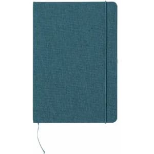 A notebook with a textured teal cover, featuring an elastic band and a ribbon bookmark.
