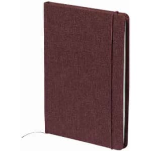 A maroon notebook with a textured cover and a ribbon bookmark, featuring a logo on the front.