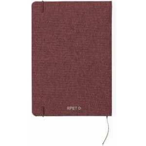 A notebook with a textured burgundy cover, featuring a logo and an elastic closure.