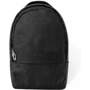 A black backpack with a rounded top and a zip closure, featuring a textured fabric design.