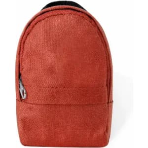 A backpack in a rich orange hue, featuring a zip closure and a rounded top design. It has a simple, textured exterior.
