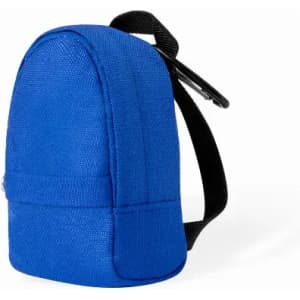 A blue mini backpack with a black strap and a rounded top, featuring a simple design.