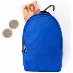 A blue mini backpack with a silver zipper, accompanied by two coins and a €10 note.