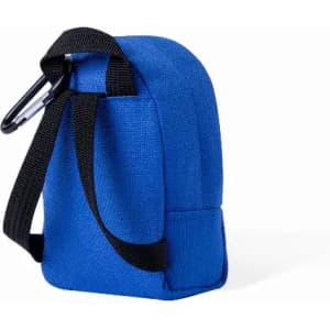 A small blue backpack with a black strap and carabiner clip, designed for carrying small items.