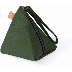 A triangular green pouch with a zipper and a loop handle, designed for storage or organisation.