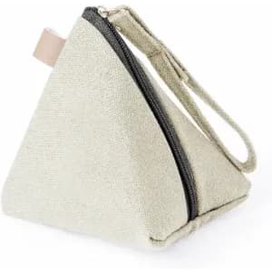 A triangular pouch in light beige fabric with a zip closure and a wrist strap. It has a minimalist design.