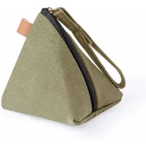 A triangular olive green pouch with a zipper and a wrist strap. It has a textured fabric and a small leather accent.