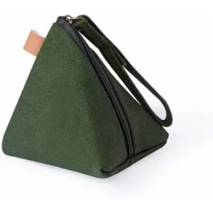 A triangular green pouch with a zipper and a wrist strap. It has a textured fabric finish.