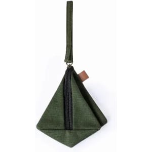 A green triangular pouch with a zipper and strap, featuring a minimalist design and a small tag.