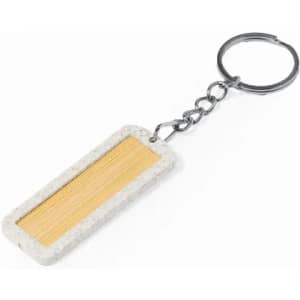 A keyring with a rectangular design featuring a metallic golden section and a grey concrete border.
