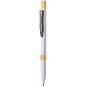 A pen with a white barrel and a bamboo accent, featuring a black grip and a clip.