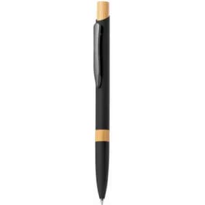 A black pen with a bamboo accent and a clip. The pen has a minimalist design and a sleek finish.