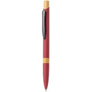 A sleek red and bamboo pen with a black clip, designed for a modern look.