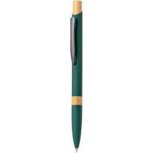 A green pen with a bamboo accent and a silver clip, featuring a sleek, minimalist design.